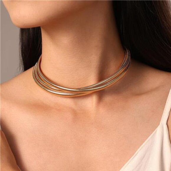 Chunky Stainless Steel Choker Necklace , Gold Striped SnakeCollar Adjustable